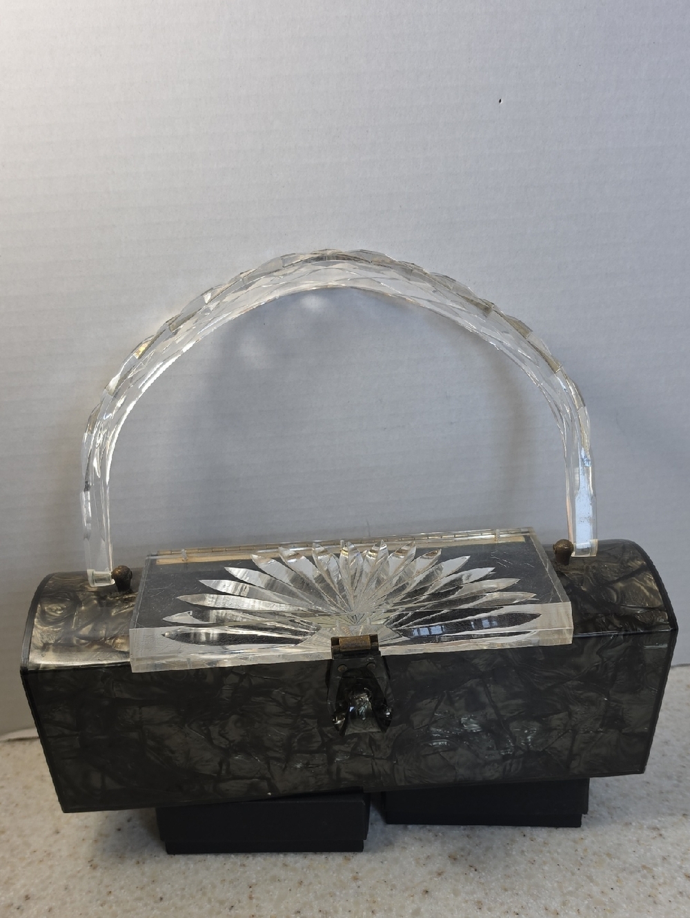 Vintage Clear Lucite Handled Grey Marbled Box Purse